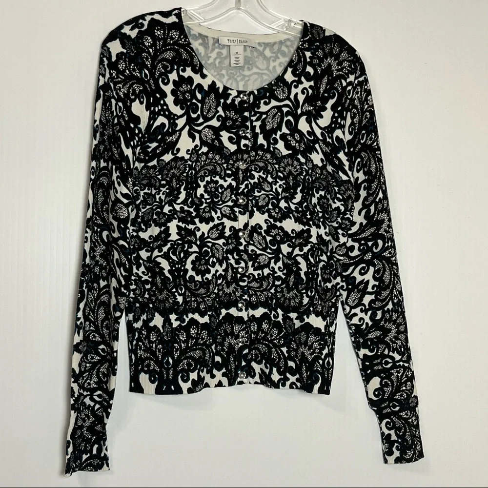 Whimsigoth Baroque Scroll Floral Lace Look Cardigan Sweater Crystal Buttons M - Picture 2 of 4